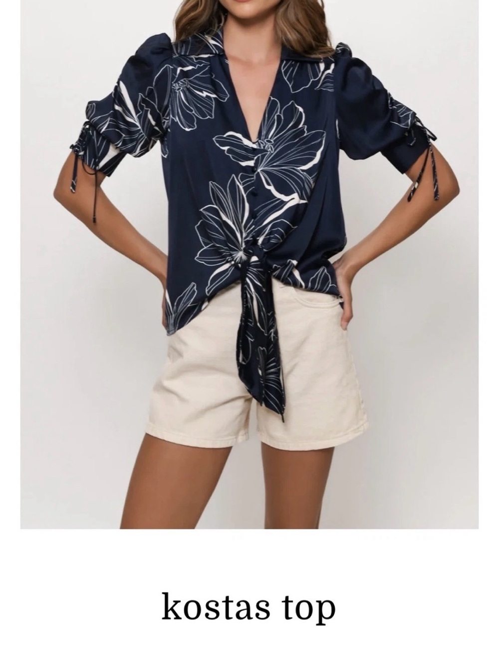 Hutch Kostas Navy Floral Tie-Front Puff Sleeve Blouse